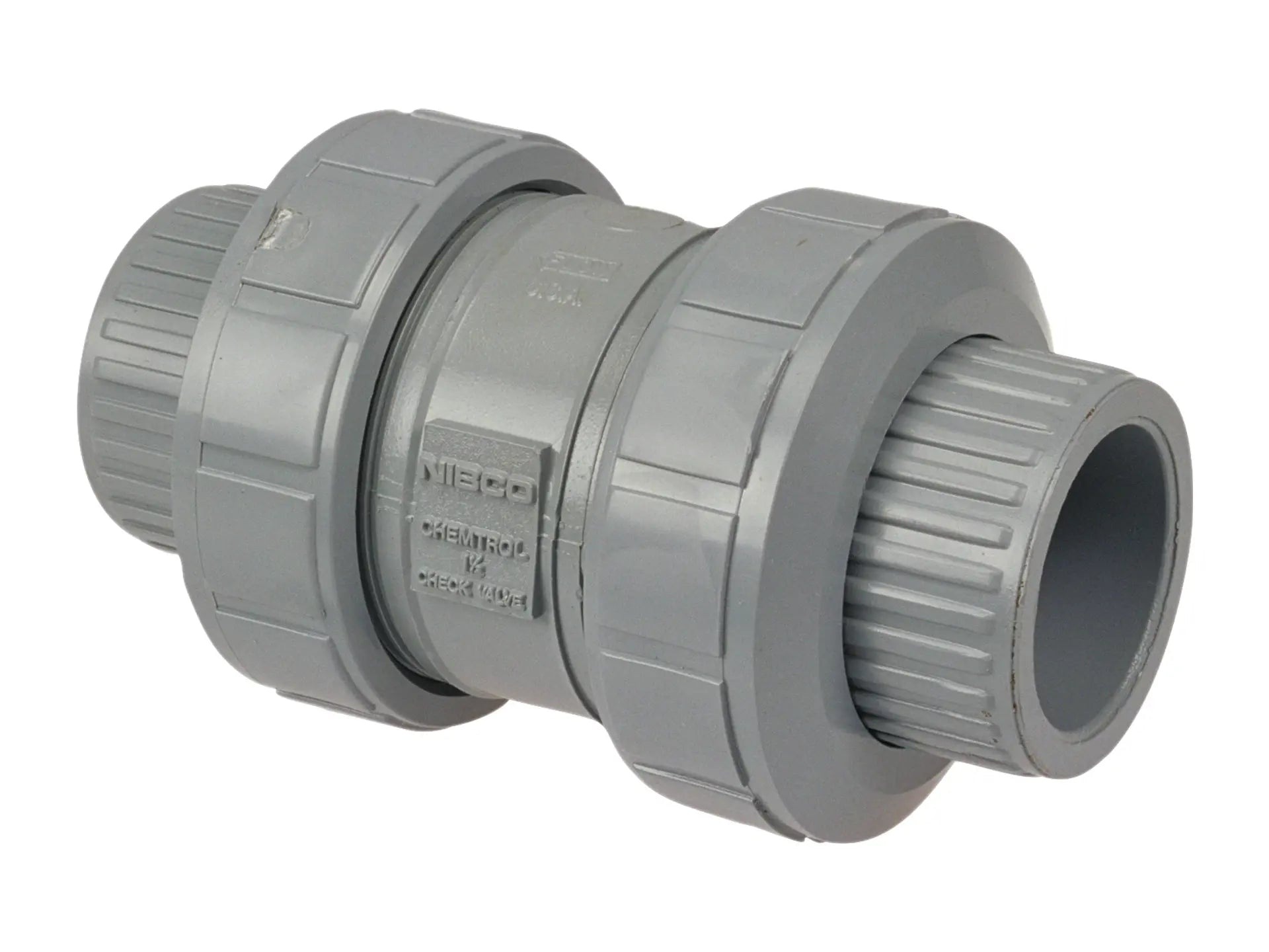 NIBCO MB801U6, 1/2in. Ball Check Valve True Union, Corzan CPVC Sch 80, Universal Ends, FKM U51BCV