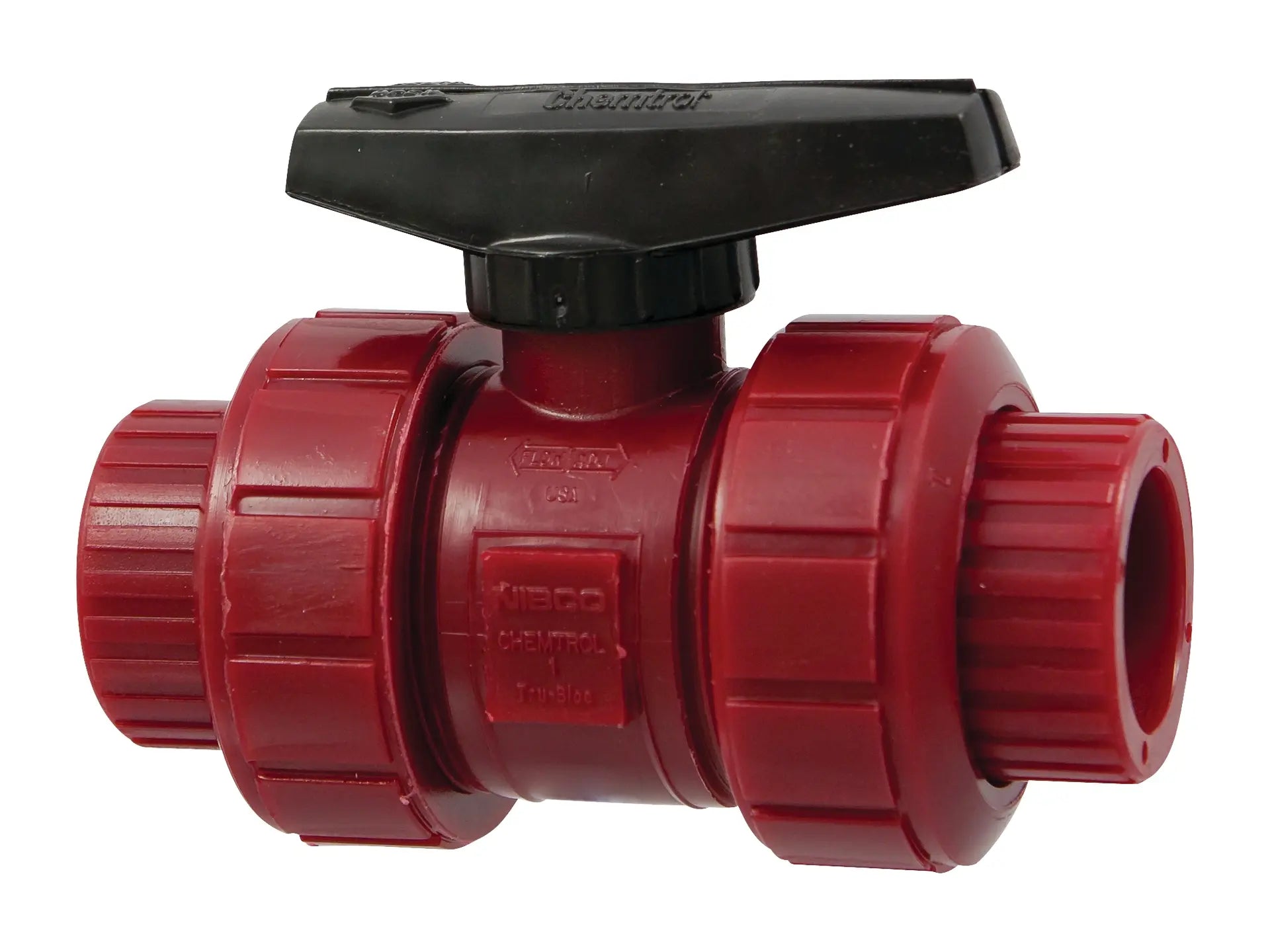 NIBCO MD599AF, 3in. Ball Valve Model C, Socket, Tru-Bloc True Union, Kynar Red PVDF Sche 80