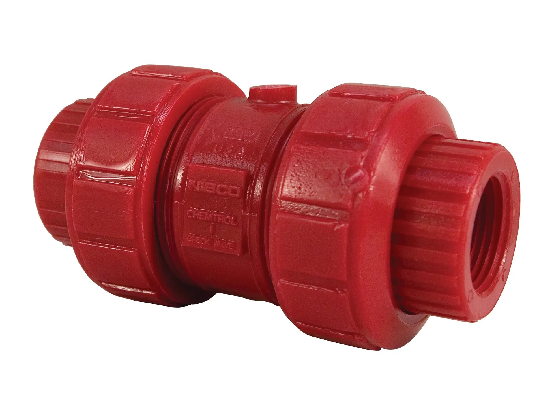 NIBCO MD800A6, 1/2in. Ball Check Valve Threaded, True Union, Kynar Red PVDF Schedule 80, FKM T65BCV