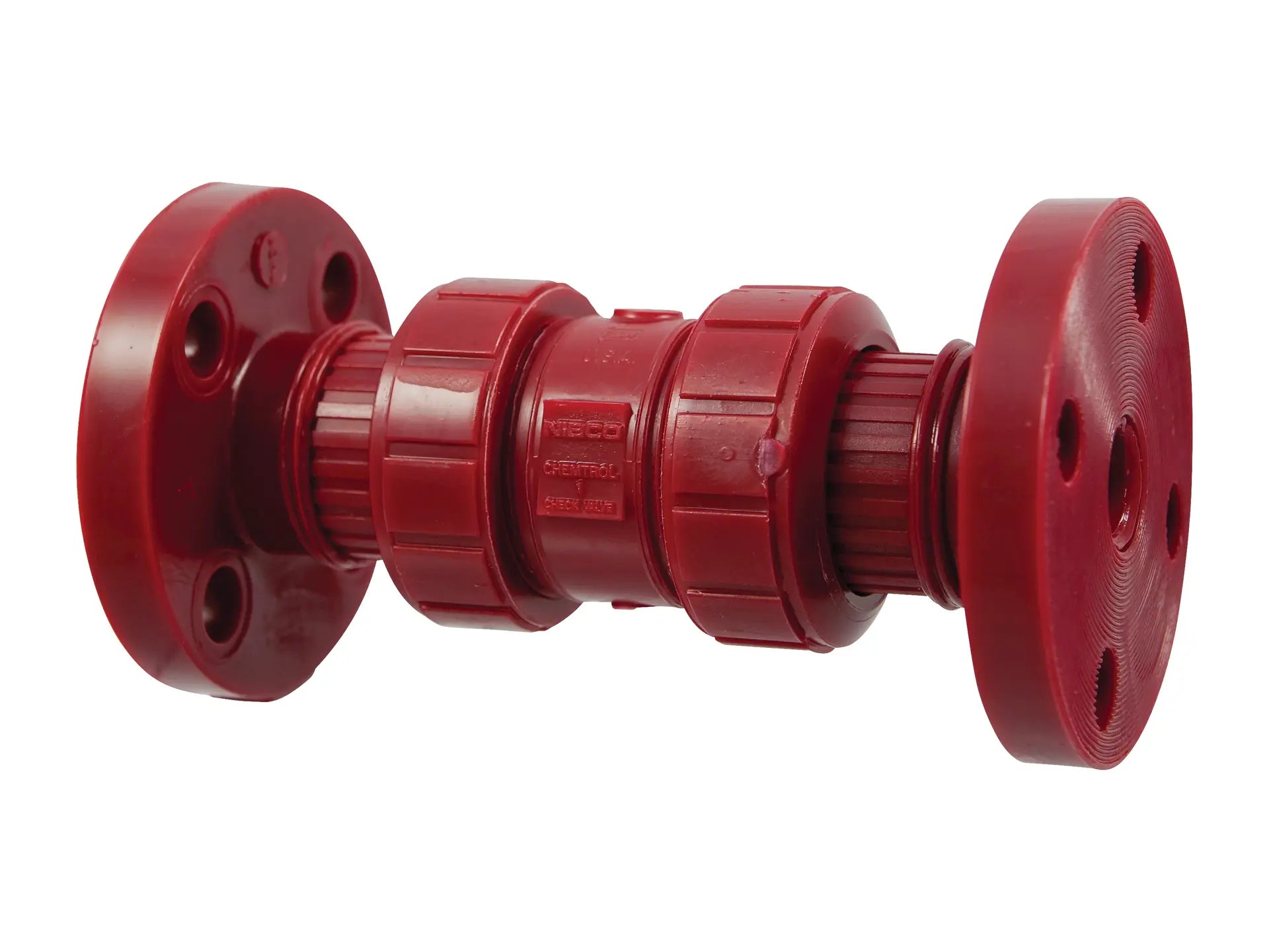 NIBCO MD802A6, 1/2in. Ball Check Valve Flanged, True Union, Kynar Red PVDF Schedule 80, FKM F65BCV