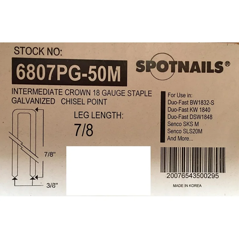 Spotnails 18 Gauge 7/8″ Leg x 3/8″ Intermediate Crown Galvanized Staples (Pack of 5,000) spotnails-6807pg